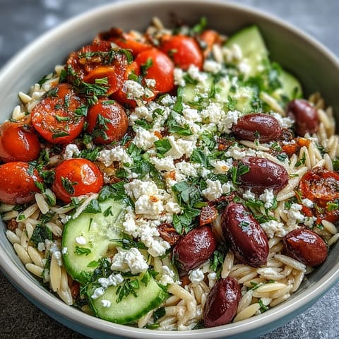 Vibrant Mediterranean Orzo Bowl with crumbled feta and crisp, colorful vegetables.