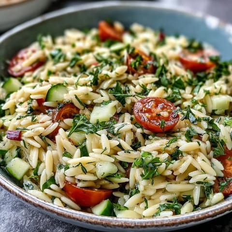 Vibrant Lemon Herb Orzo Salad, a warm Mediterranean side dish with zesty lemon dressing.