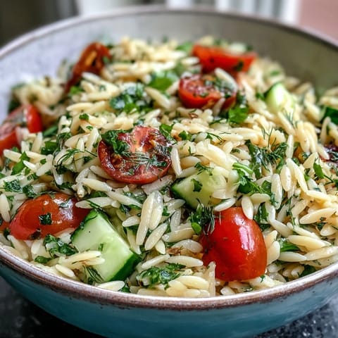 Tender orzo salad bursting with fresh herbs and bright citrus, served warm.
