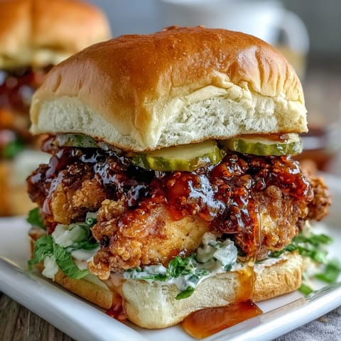 A close-up of crispy hot honey chicken sandwiches with pickles on a bun.