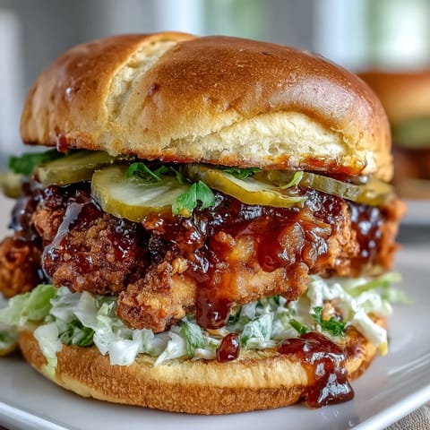 Crispy hot honey chicken sandwich, glistening with spicy glaze and fresh pickles.