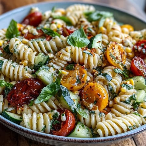 Vibrant Summer Corn and Tomato Pasta Salad bursting with color and fresh summer flavors.