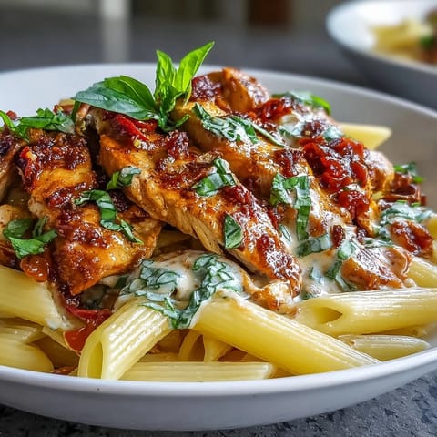 Velvety cream sauce coats chicken and pasta in this delicious tomato basil chicken pasta.