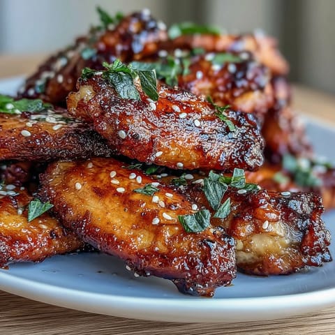 Crispy baked chicken wings coated in sweet, tangy watermelon glaze, garnished.