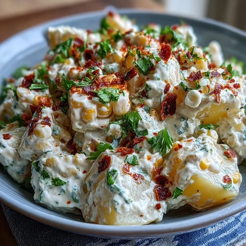 Creamy Elote Potato Salad with roasted corn, lime, and chili topping.