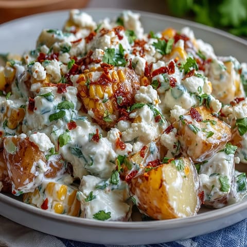 Elote Potato Salad, a vibrant vegetarian side dish with cotija cheese.