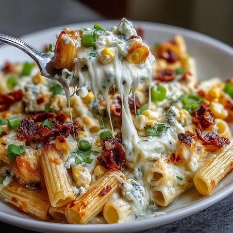 Creamy street corn pasta bake topped with melty cheese and fresh cilantro.