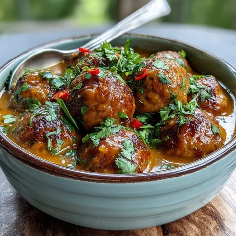 Mango Coconut Curry Meatballs bathed in a rich, vibrant sauce on a bed of rice.