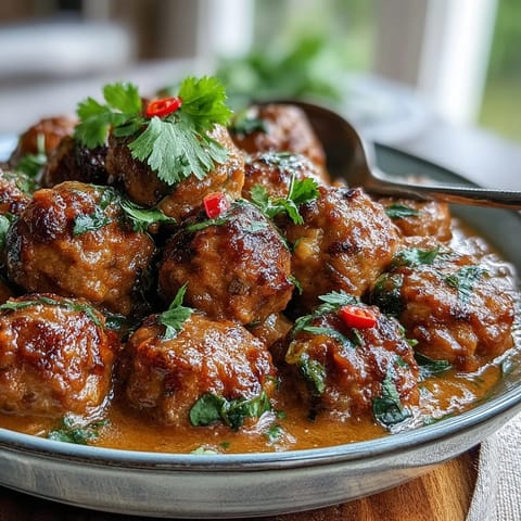 Juicy meatballs in a tropical mango coconut curry, ready to be enjoyed with naan.