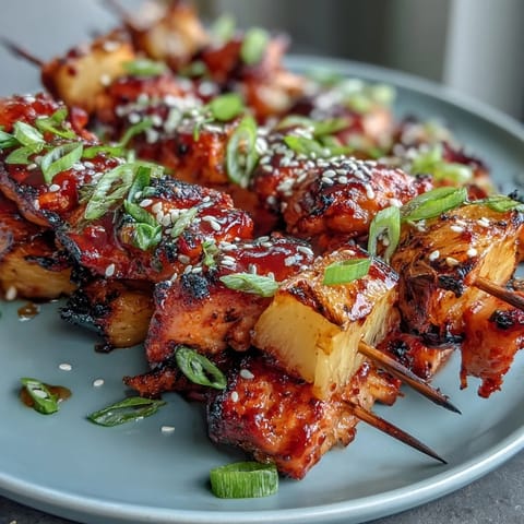 Grilled Pineapple Gochujang Chicken Skewers glistening with sweet, spicy glaze.