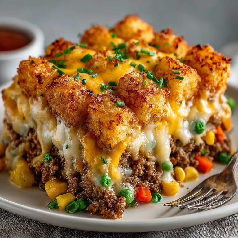 Comfort food classic Cheesy Tater Tot Hotdish served warm in a casserole dish, golden tots on top.