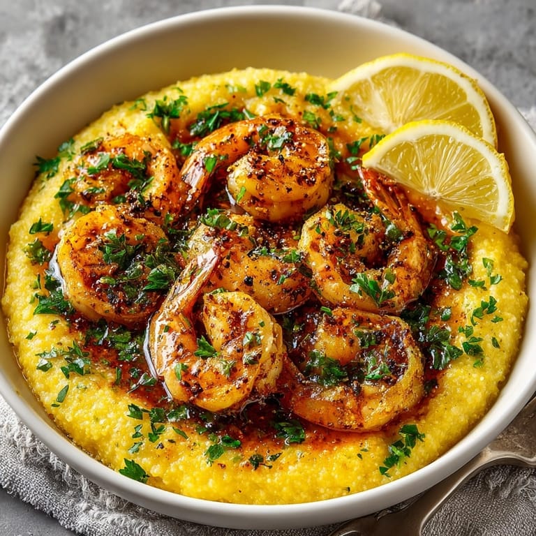 Hearty cast-iron skillet shrimp and grits, garnished with fresh parsley and lemon wedges
