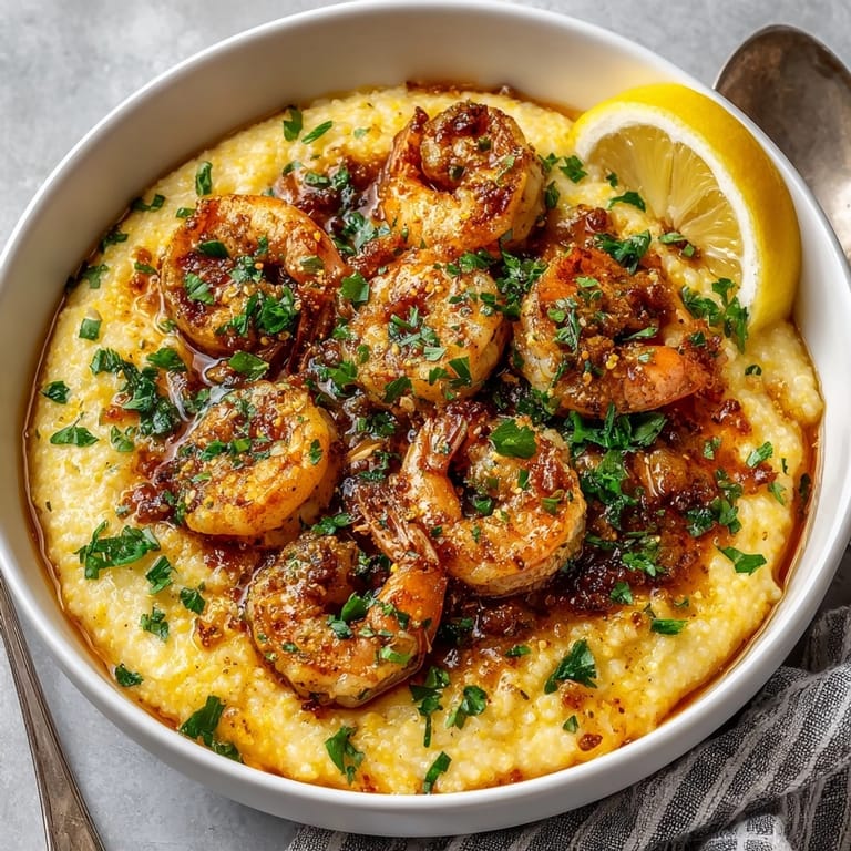 Spicy shrimp over rich, cheesy grits in a cast-iron skillet for classic Southern comfort