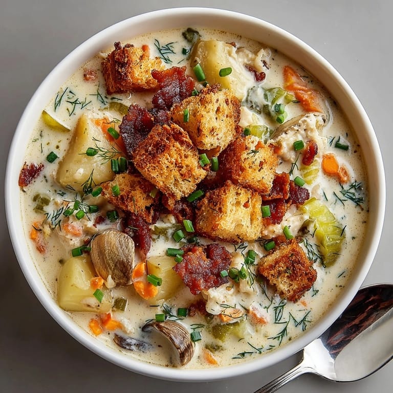 Comforting Pickle-Fix Buffalo Clam Chowder in white bowl, tangy aroma and crunchy dill croutons.