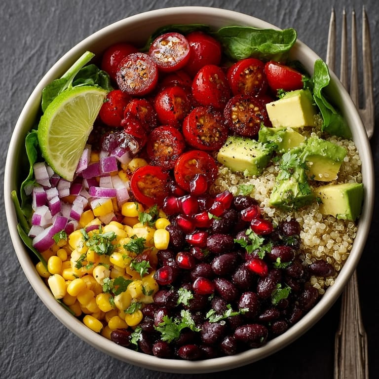 Close-up of Cherry-Coded Southwest Quinoa Power Bowl with Pomegranate, featuring fluffy quinoa, creamy avocado, and ruby pomegranate arils.