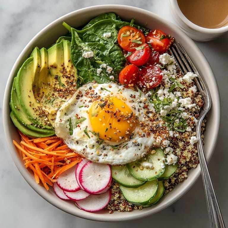 Hearty West Coast Avocado Toast Breakfast Bowl served warm with quinoa, fresh veggies, and a sunny-side-up egg.