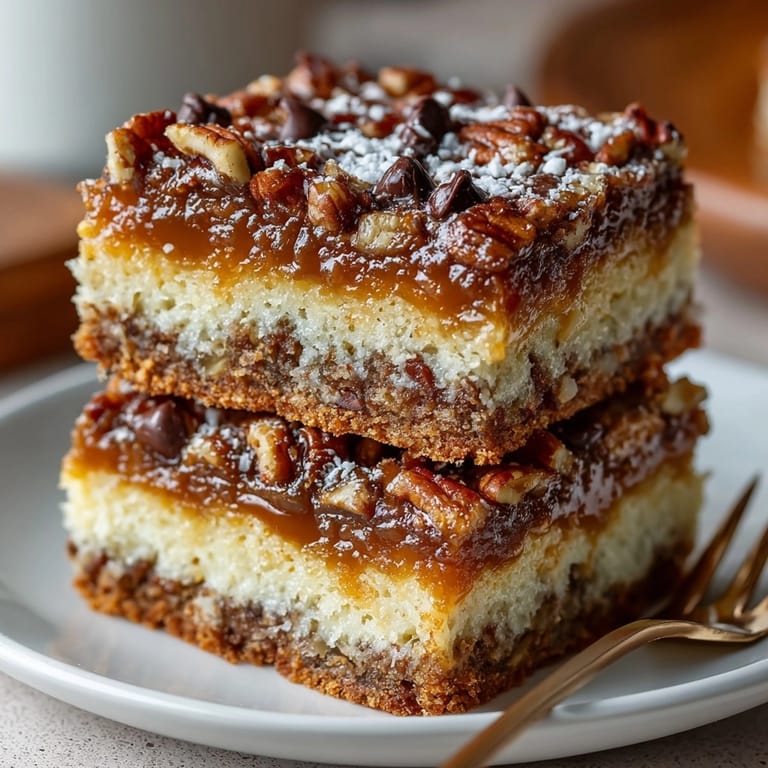Southern Comfort Bourbon Pecan Chaos Cake Bars cut into squares, rich chocolate layers and golden caramel visible