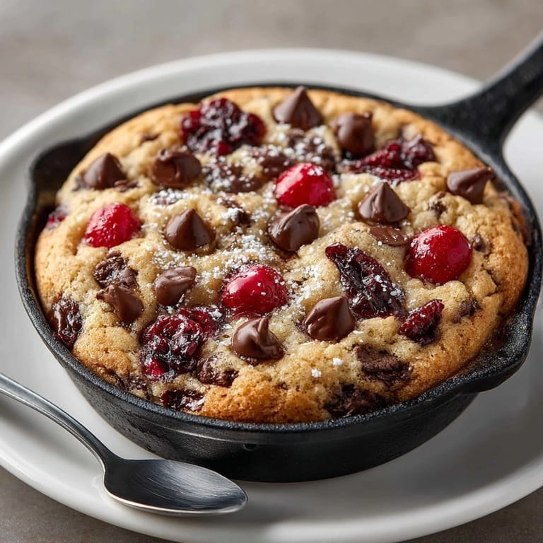 Close-up of warm All-American Cherry-Coded Chocolate Chip Cookie Skillet, dotted with tart cherries and gooey chocolate.