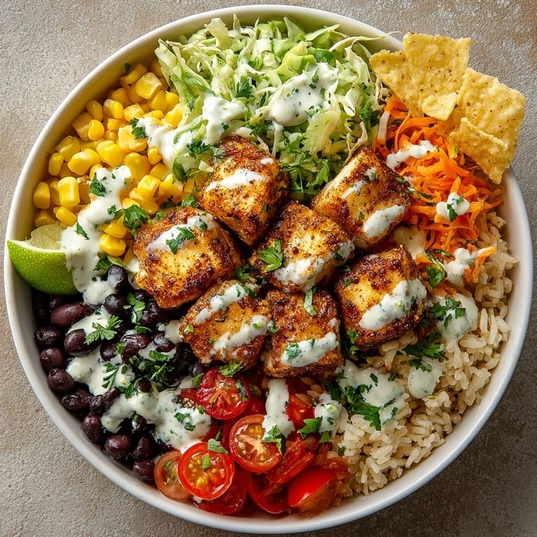 Hearty West Coast Fish Taco Buddha Bowl layered with spiced fish avocado and Rebel Ranch sauce.