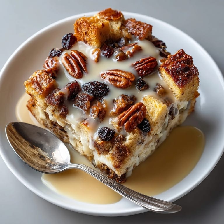Moist Southern Comfort Chaos Cake Biscuit Bread Pudding with pecans and raisins, perfect for Southern-inspired desserts.