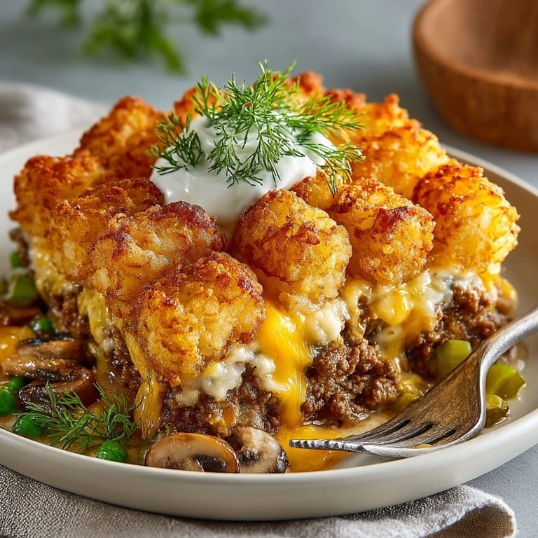 Savory aromas of browned beef and pickles in this baked Midwest Tater Tot Hotdish recipe.