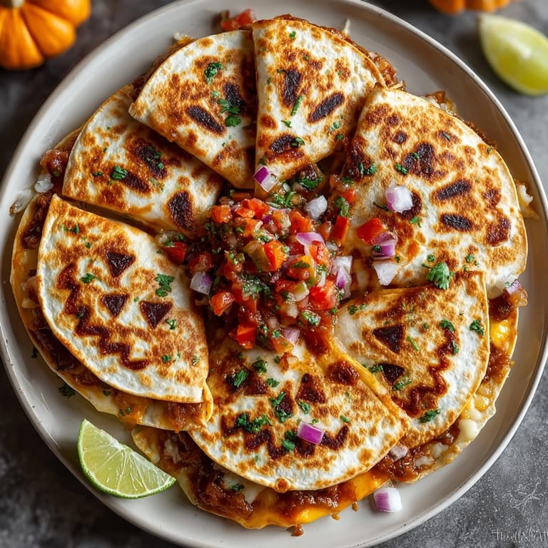 Homemade Jack-o'-Lantern Quesadillas, cut-out festive shapes, perfect with the smoky pumpkin salsa.