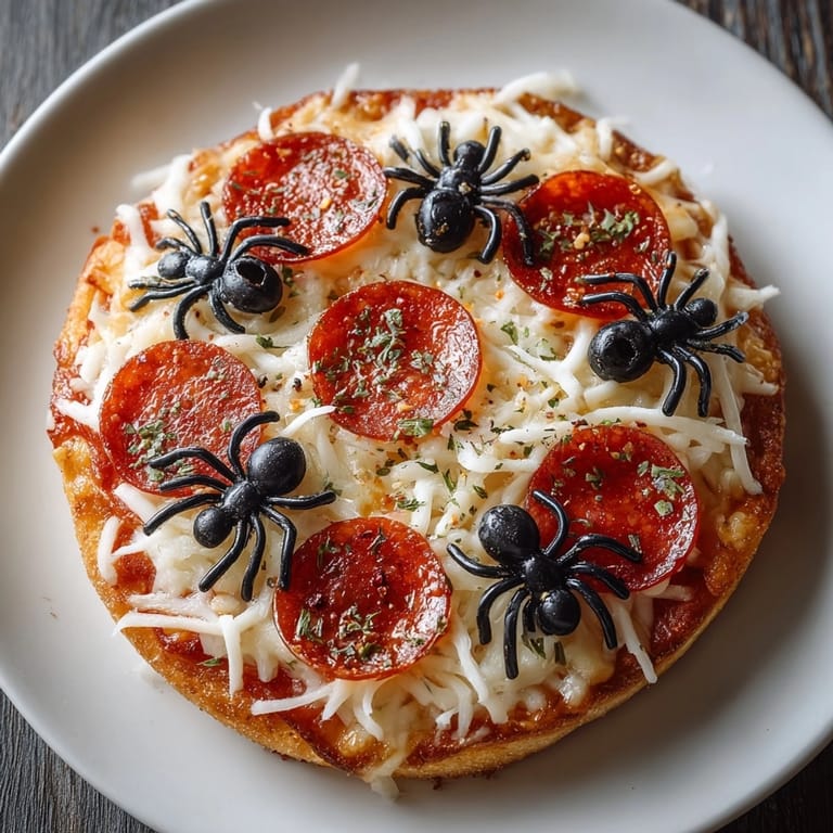 Perfect party food! These Spooky Olive-Spider Mini Pizzas feature black-olive spiders on a baked pizza.