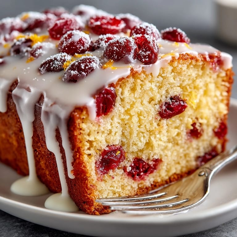 Close-up shot of freshly baked cranberry orange loaf, glistening with sweet vanilla glaze.