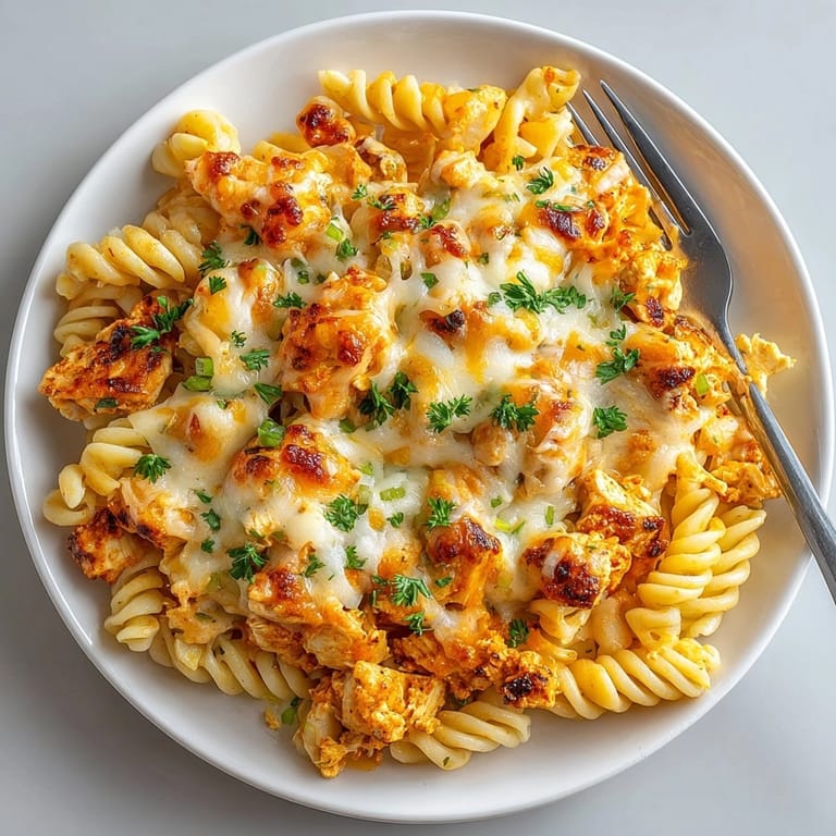 This photo showcases a comforting Buffalo Chicken Pasta Bake, loaded with spicy buffalo flavor.