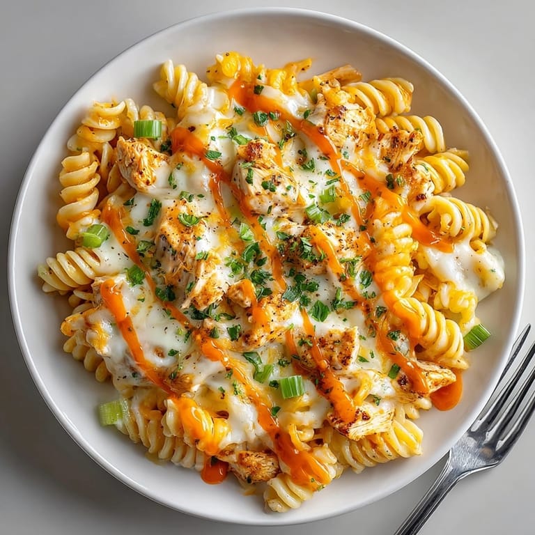 Golden-brown cheese blankets a delicious Buffalo Chicken Pasta Bake, featuring tender chicken and pasta.