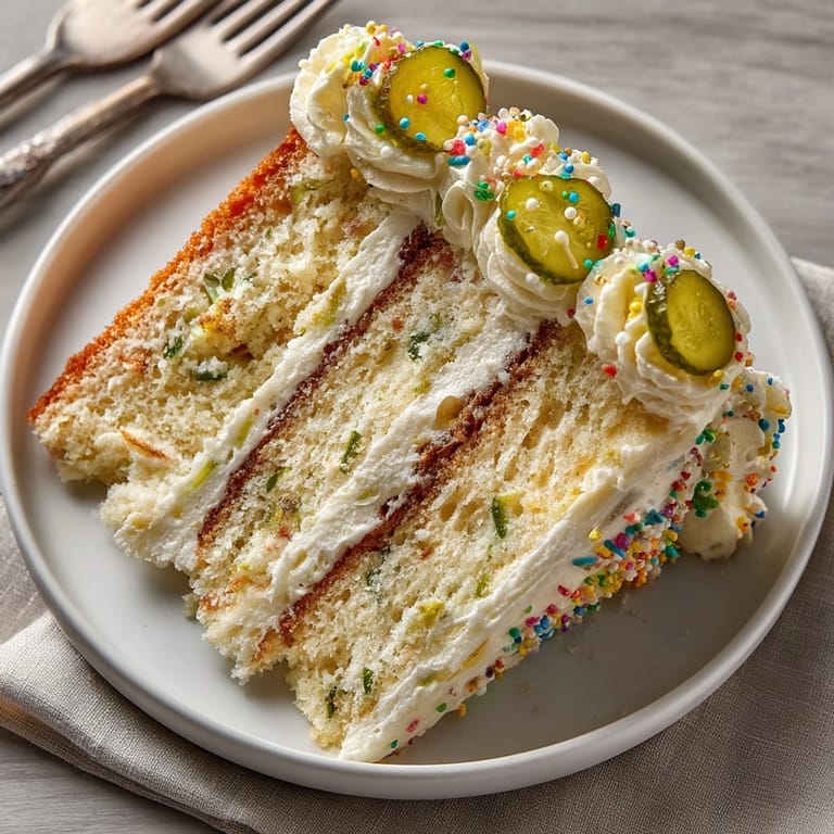 Homemade Pickle Buttercream Birthday Cake, a close-up shot of a decorated cake with layered filling and pickle garnish.