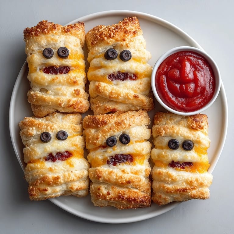 A close-up of spooky Halloween Grilled Cheese Mummy Wraps: golden, buttery, and perfect for a Halloween snack with cheese.