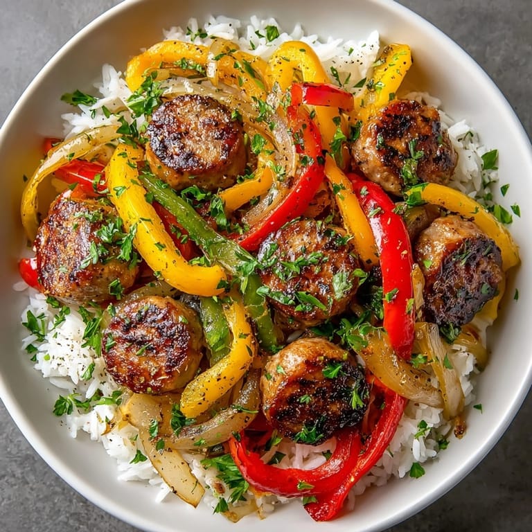 Hearty sausage and peppers over rice, steaming hot, a comforting meal bursting with vibrant flavors.
