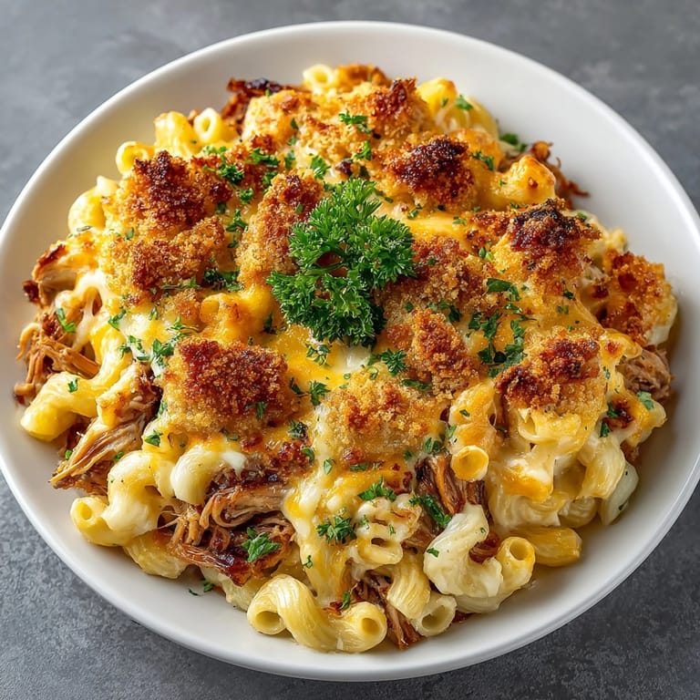 This creamy, savory BBQ pulled pork mac and cheese displays layers of flavor and texture beautifully.