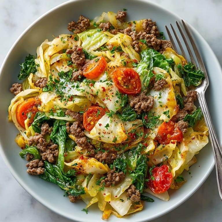 A close-up of a steaming Beef and Cabbage Skillet, a flavorful one-pan dinner option.