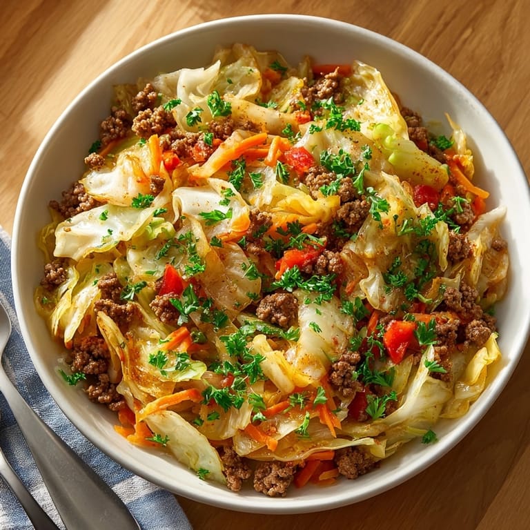 Enjoy a comforting bowl of Beef and Cabbage Skillet, served with fresh parsley and savory spices.