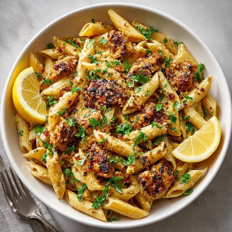 Bowl of Indian Butter Chicken Pasta, finished with toasted naan topping and lemon wedges.