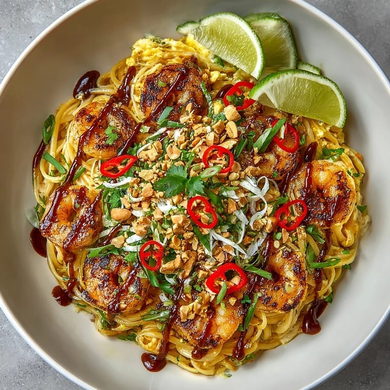 Close-up of Pad Thai Pasta Fusion with Tamarind Glaze Drizzle, vibrant red chili and lime wedges alongside.