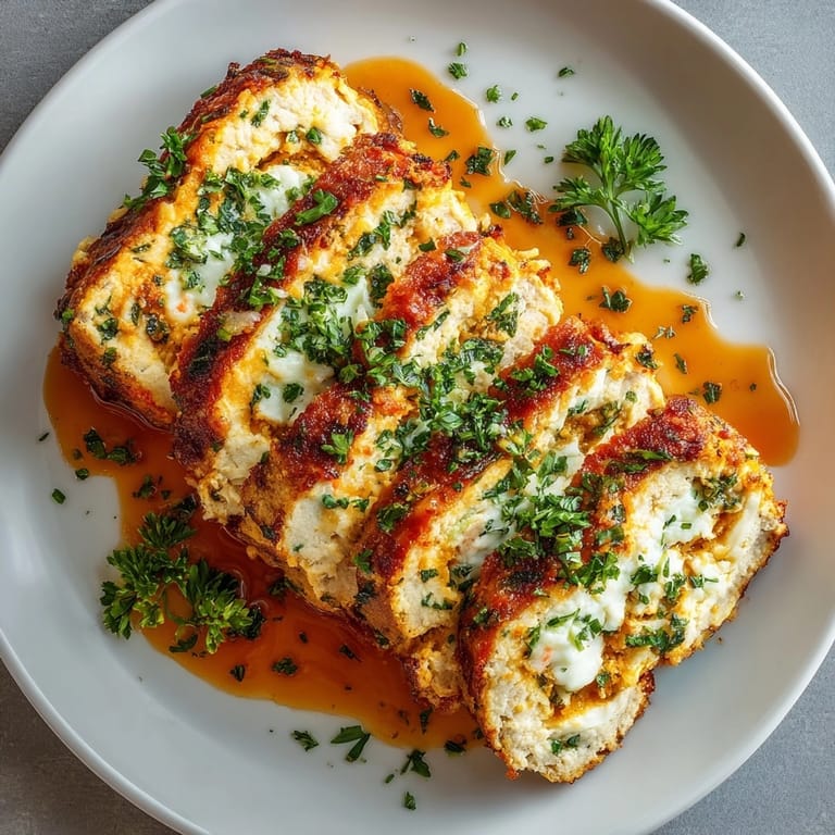 Sliced stuffed cheese chicken meatloaf on a platter, cheese oozing out, perfect for comfort food nights.