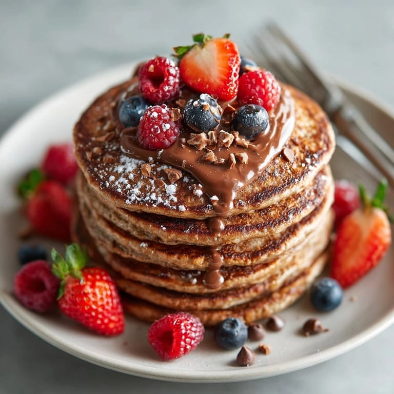 Warm chocolate hazelnut protein pancakes served for breakfast, garnished with berries and melted chocolate.