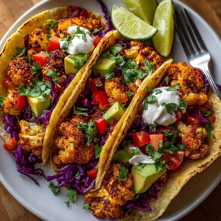 Vegan garlic roasted cauliflower tacos served warm with plant-based sour cream and bright veggie toppings.