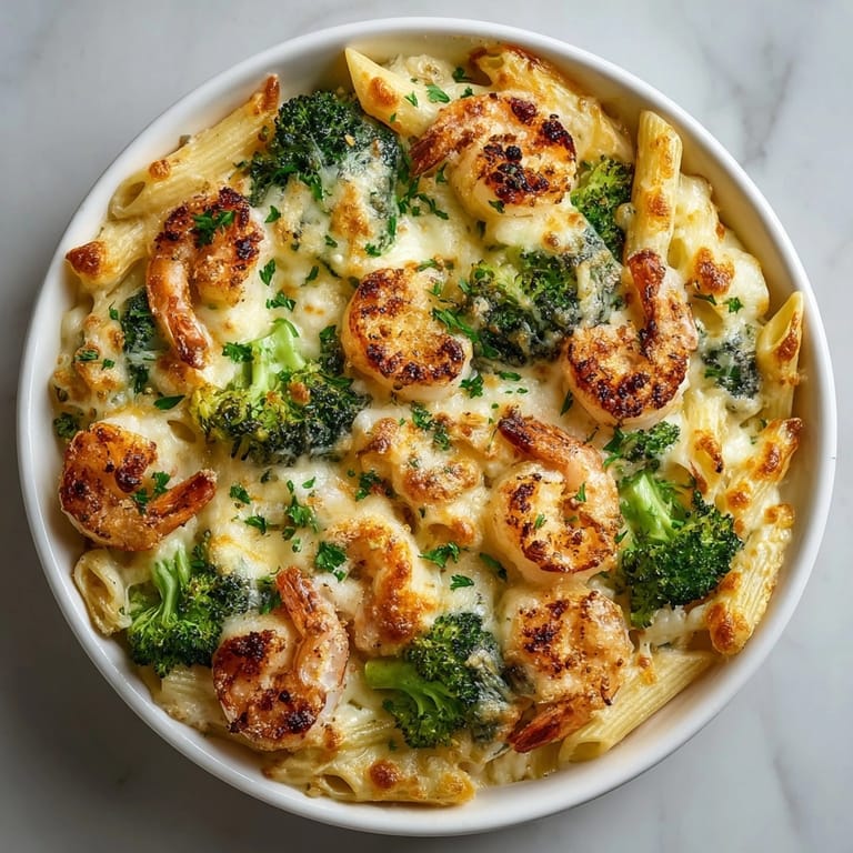 Close-up of Shrimp and Broccoli Alfredo Bake with crisp broccoli, succulent shrimp, and golden, melted cheese.