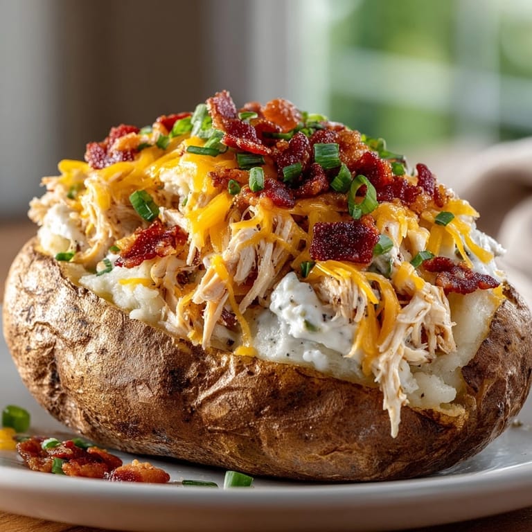 Baked Cheesy Chicken Bacon Ranch Stuffed Potatoes served hot, oozing cheese and creamy ranch flavor.