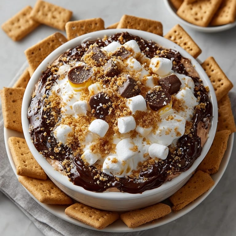 Dessert skillet of Peanut Butter S'mores Dip, ready to scoop with graham crackers for dipping