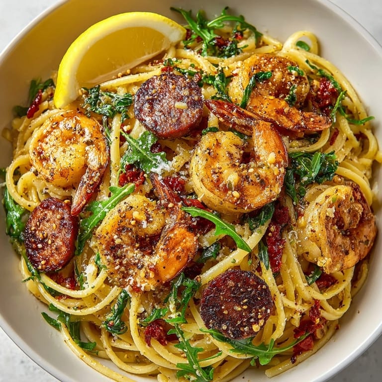 Zesty Lemon Garlic Shrimp &amp; Sausage Pasta in a skillet, steam rising, golden and glistening