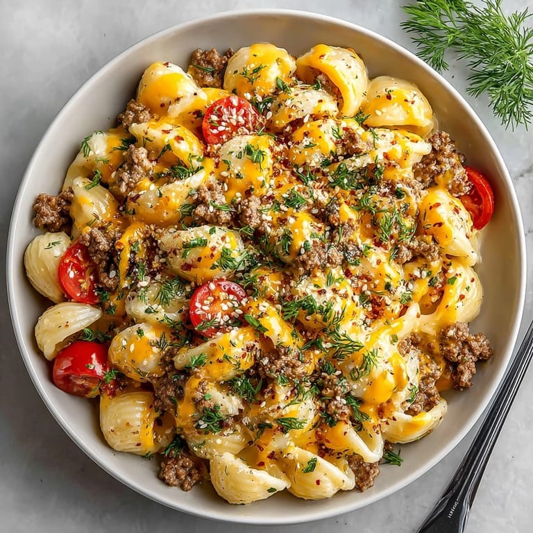 Loaded Cheeseburger Pasta Skillet featuring creamy sauce, ground beef, and garnished with chopped dill pickles