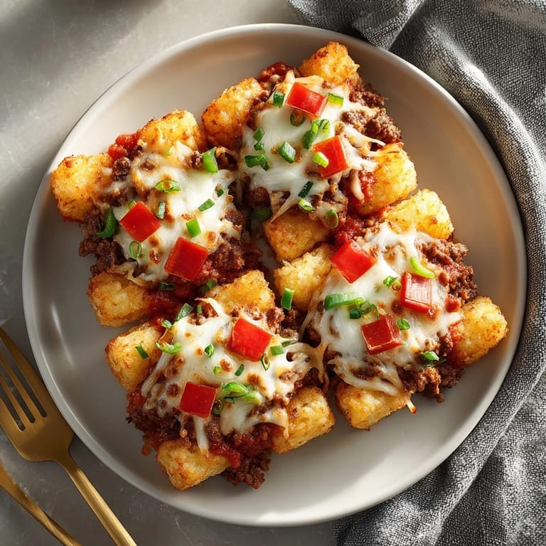 Close-up of Pizza Tot Casserole with layers of marinara sauce, savory beef, and bubbly cheese