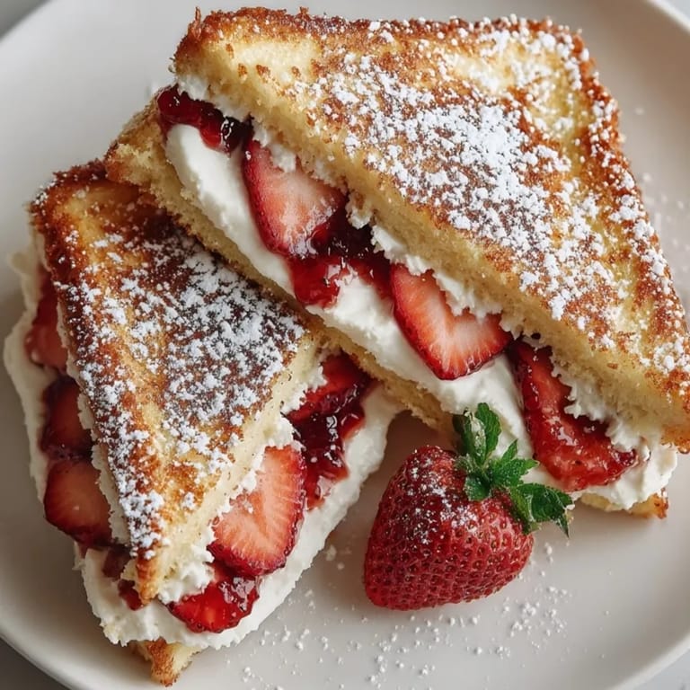 Indulgent fried strawberry cheesecake sandwiches served warm, perfect for a sweet breakfast treat.