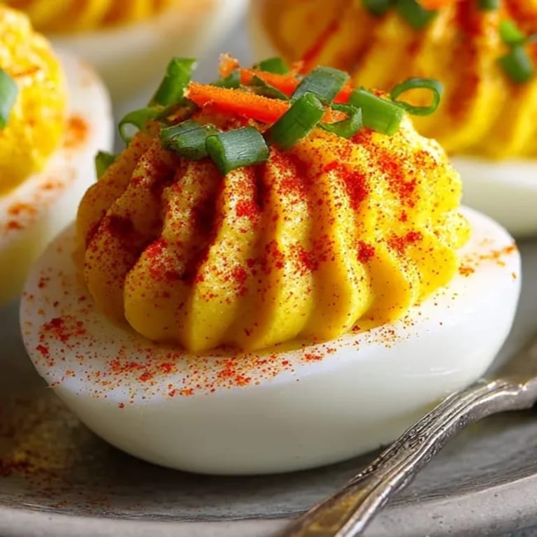 Spiced Jack-o&#39;-Lantern Deviled Eggs showcase creamy yolk filling and chive stems for pumpkin flair.