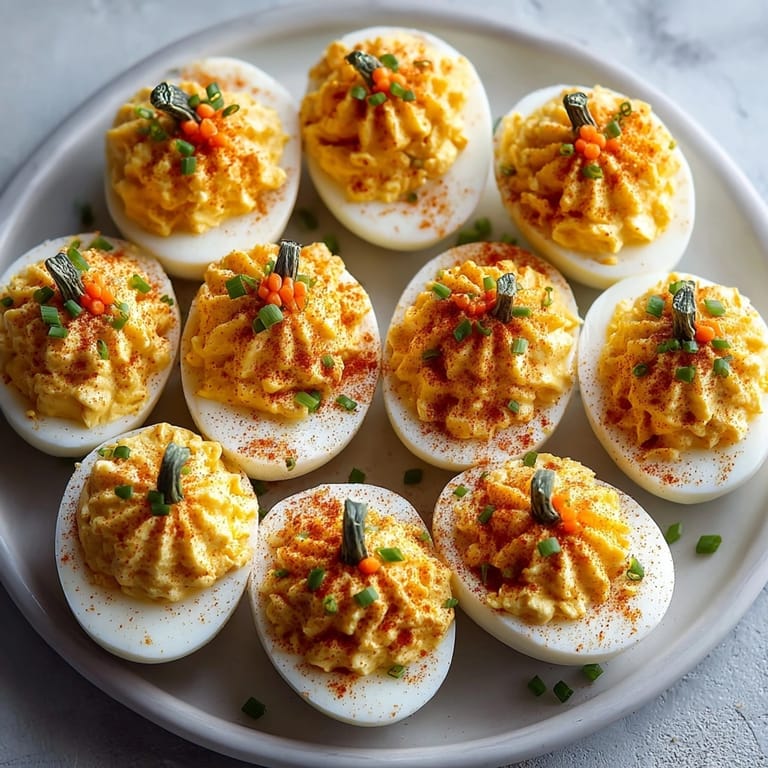 Homemade Jack-o&#39;-Lantern Deviled Eggs, ready to serve as a spooky-delicious Halloween appetizer.